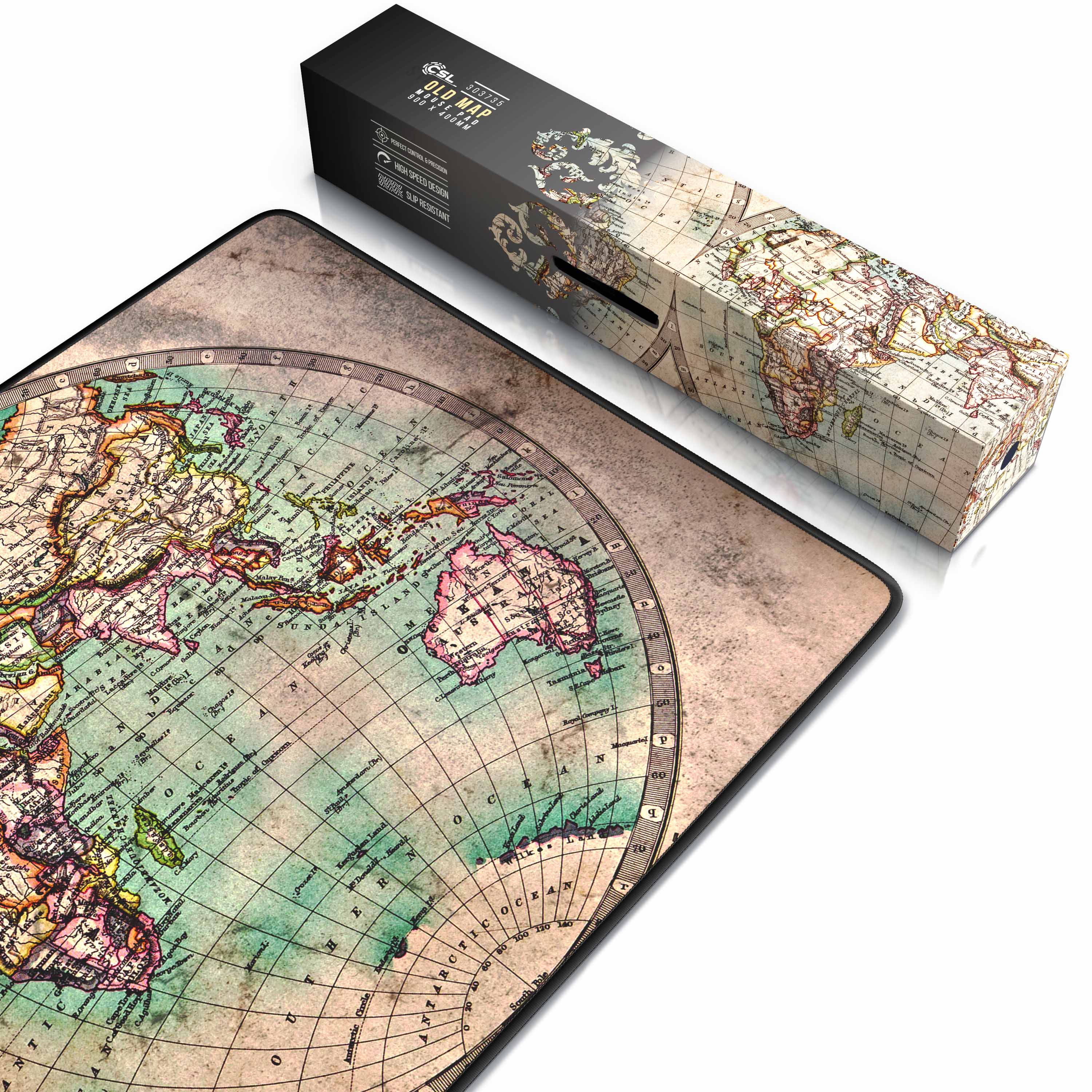 CSL Gaming Mauspad, XXL Schreibtischunterlage 900 x 400mm, Präzision & Geschwindigkeit, Old Map