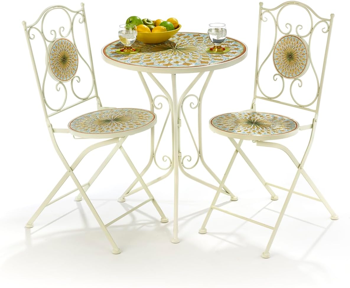 Kobolo Tischgruppe MOSAIKOPTIK | 3-teilig | weißer Metalltisch mit 2 passenden Klappstühlen | stilvolles Bistro-Set für Garten, Balkon, Terrasse | Gartenmöbelset im mediterranen Landhausstil