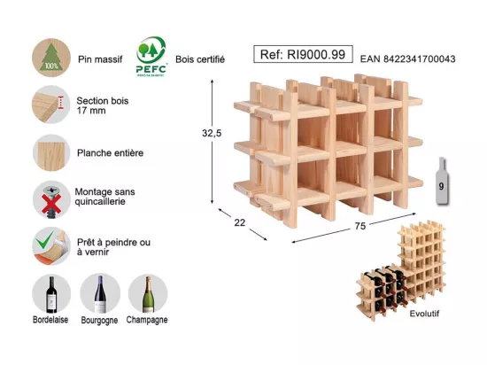 Casier à bouteilles en pin massif brut 9 bouteilles