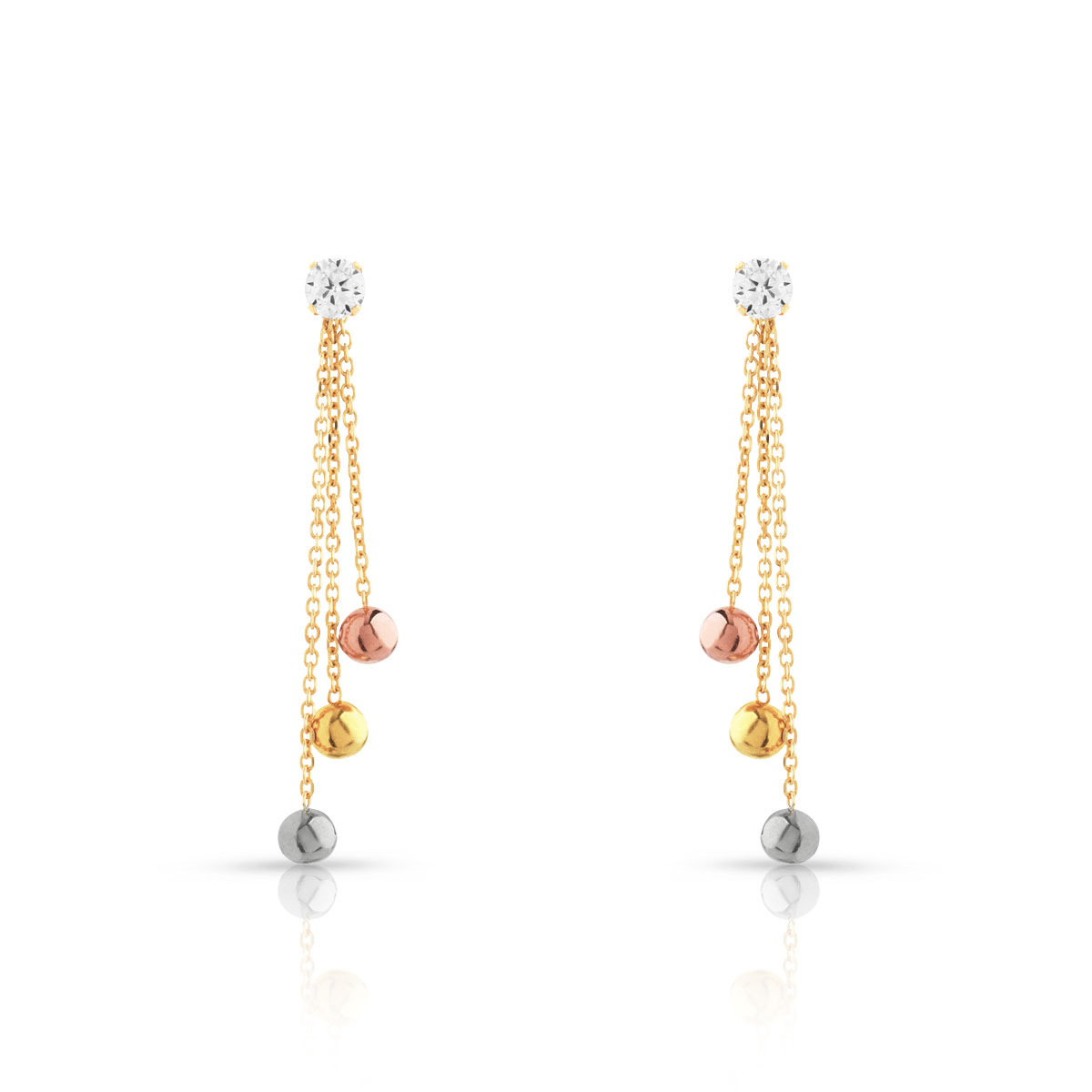 Boucles d'oreilles 3 ors 750 pendants boules zirconias