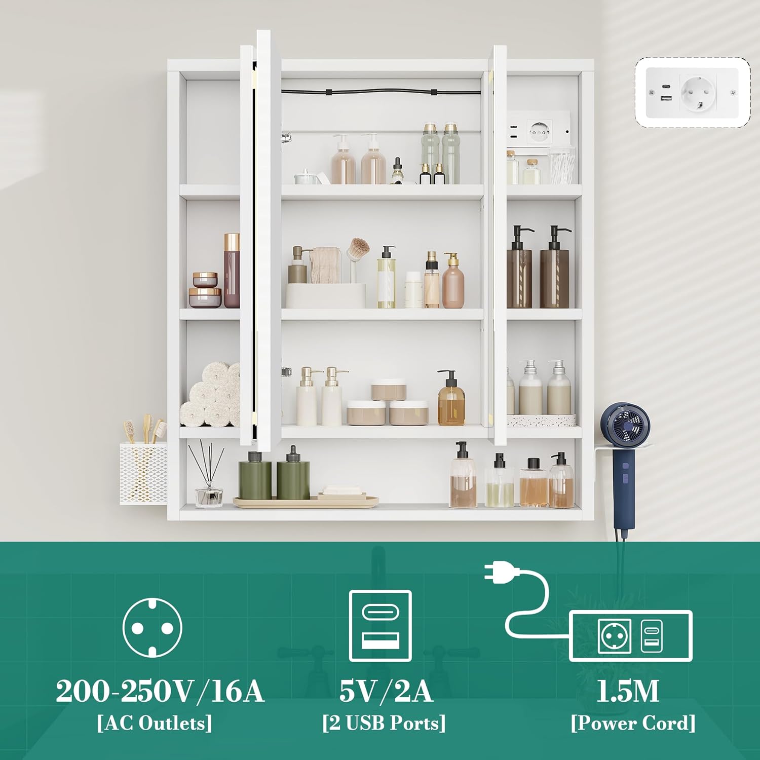 YITAHOME Spiegelschrank Bad mit Beleuchtung, 3 Türen LED Badezimmer Spiegelschrank, Steckdosen, Hängender Badezimmerschrank, Wandschrank, Badezimmerspiegel, 70W x 15D x 75H cm, Weiß