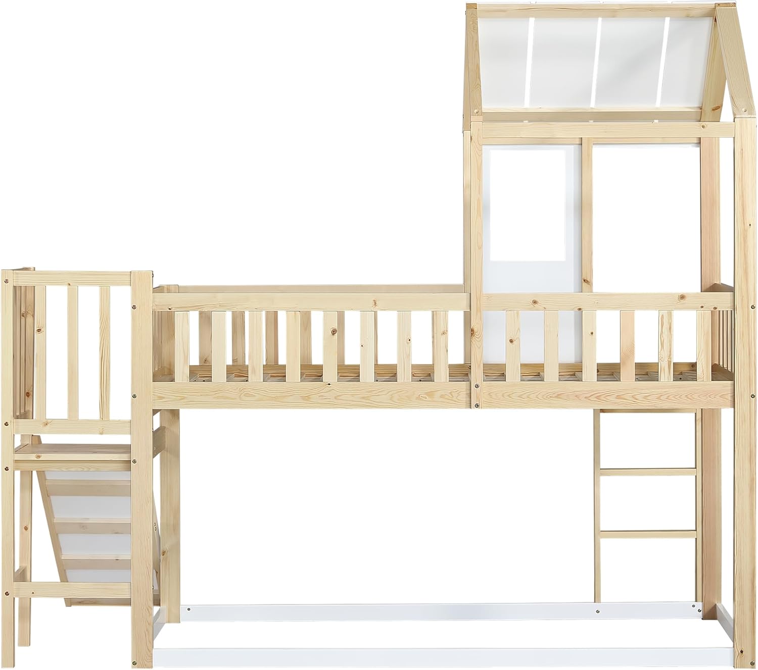 Moimhear Etagenbett mit rechtwinkliger Leiter und Rutsche, Hausbett mit Dach und Fenster, Kinderbett mit Fallschutz und Gitter, Rahmen aus Kiefer, Natur+Weiß (90x200cm)