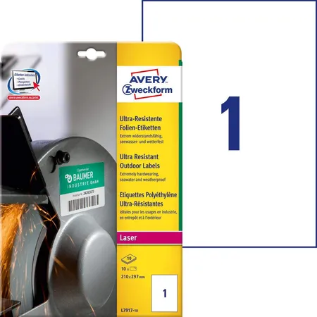 Avery Zweckform L7917-10 Ultra-Resistente Folien-Etiketten, 210 x 297 mm, 10 Bogen/10 Etiketten, weiß