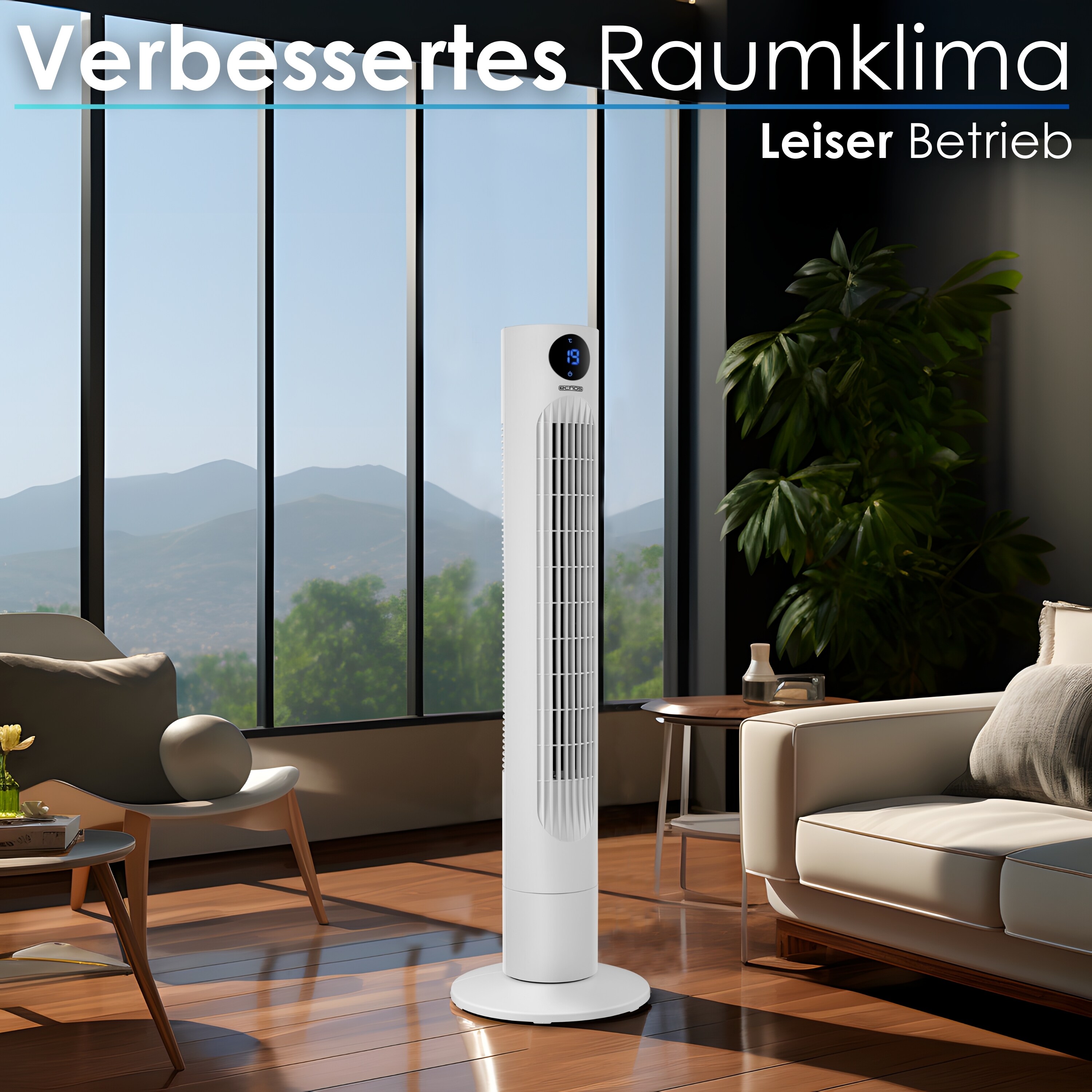 Echos Turmventilator m. Fernbedienung 3 Stufen Timer 60W LED-Anzeige