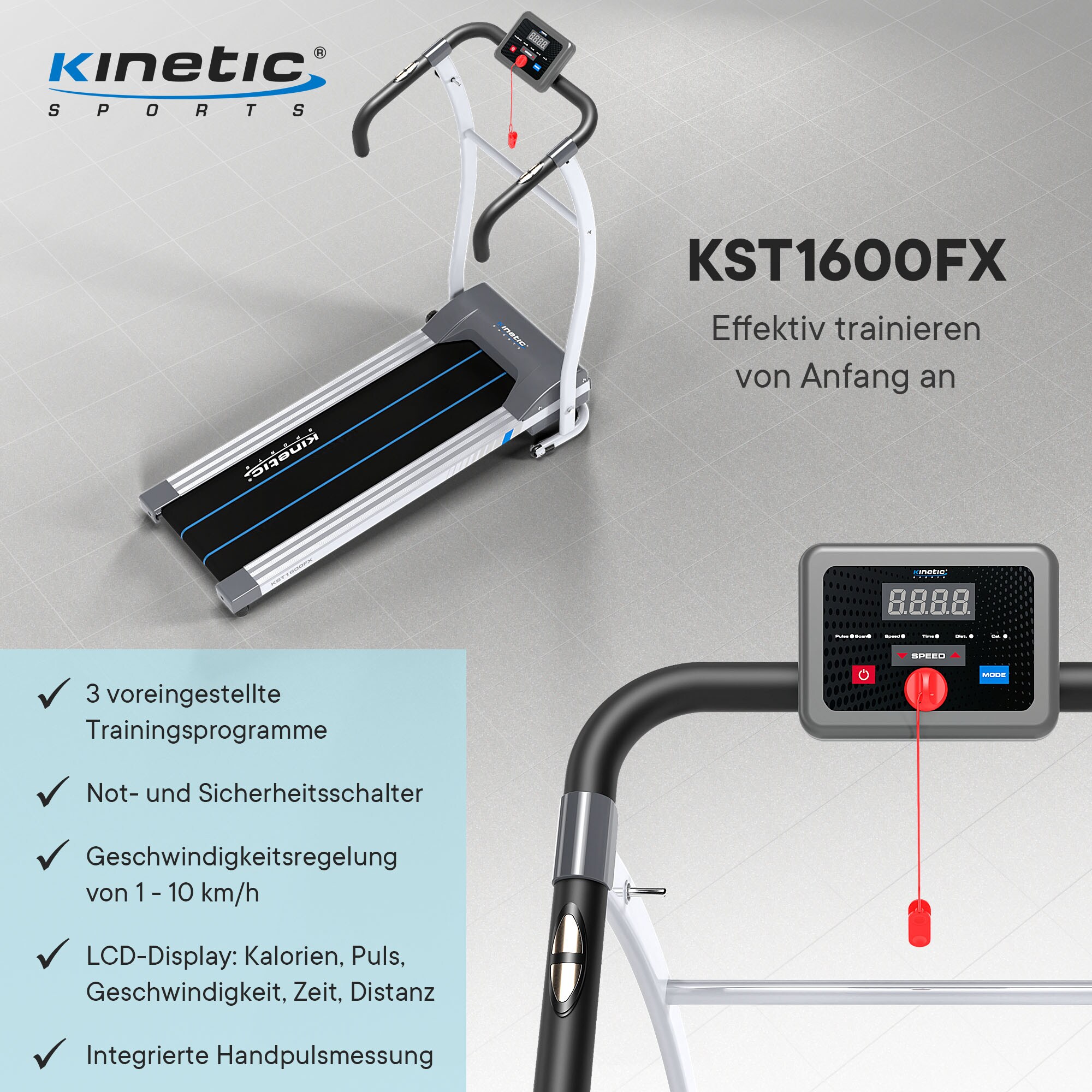 KINETIC SPORTS Laufband klappbar KST1600 mit 600 Watt Elektromotor, Trainingscomputer, Geh- und Lauftraining, stufenlos einstellbar bis 10 km/h, kompakt verstaubar