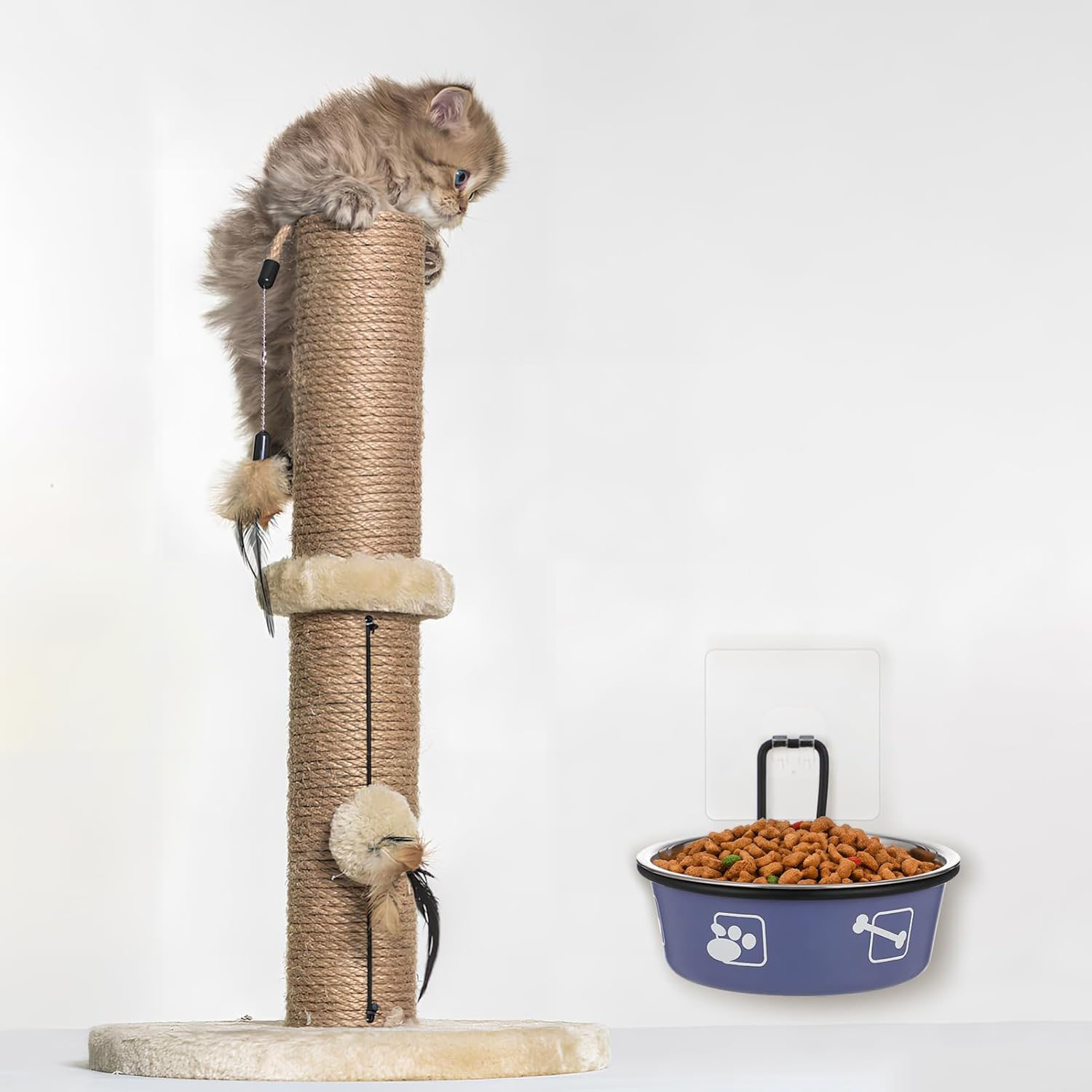 (Ø14cm) Metall Haustier Futter Napf Katzen Fressnapf Hunde Schale mit Selbstklebender Wand Halterung - Blau
