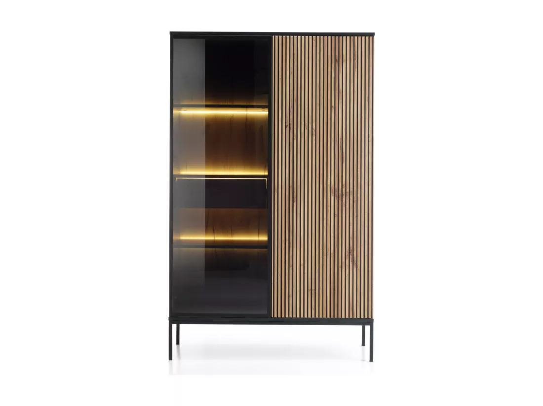 Vitrine haute - 2 portes avec tiroir et éclairage LED - Noir/Chêne Wotan - TOSENA