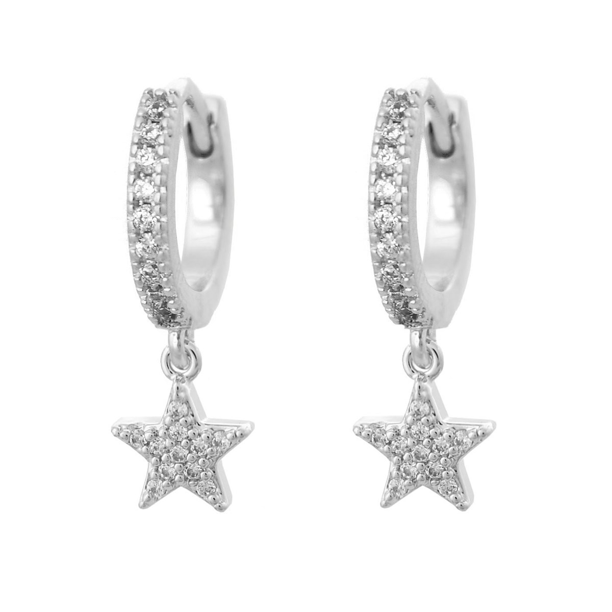 Boucles d'oreilles Mini Créoles étoile oxyde de zirconium pendante Argent 925 Rhodié