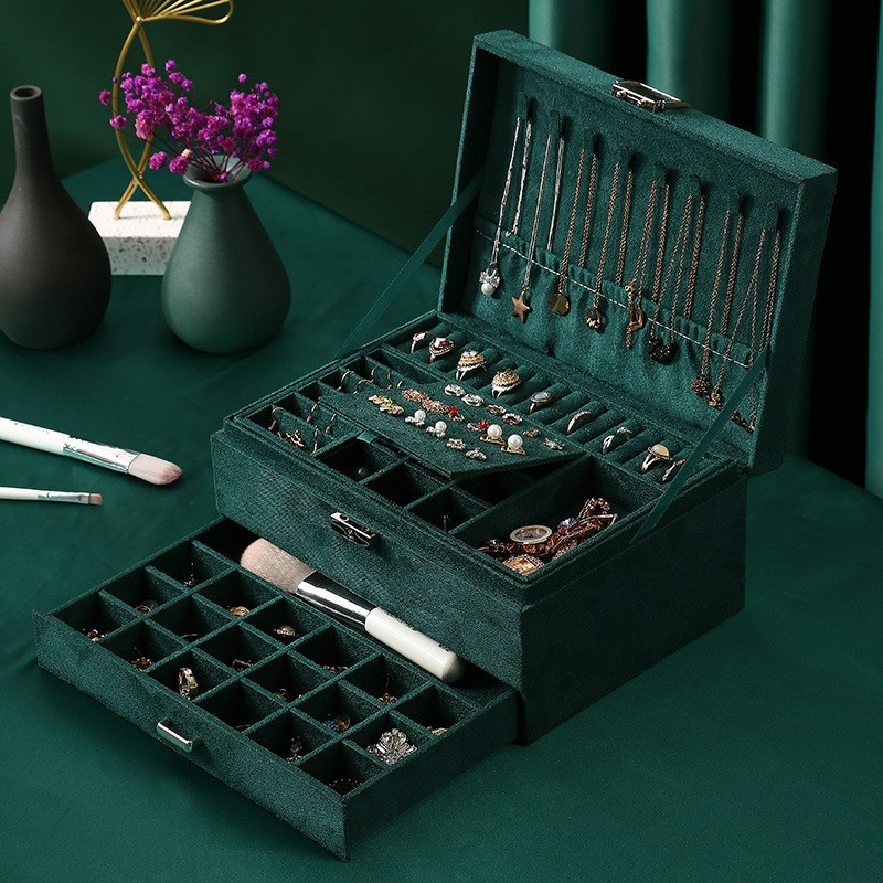 Flanell Schmuckschatulle mit Schloss Aufbewahrungsbox Organizer für Ringe / Halskette / Ohrringe / Armbänder - Dunkelgrün