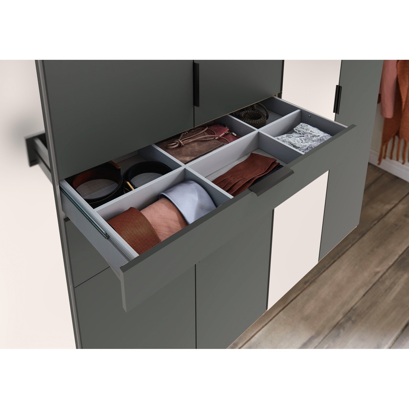 Drehtürenschrank Eliana, Dekor Graphit, 270 x 208 x 58 cm, mit Spiegel