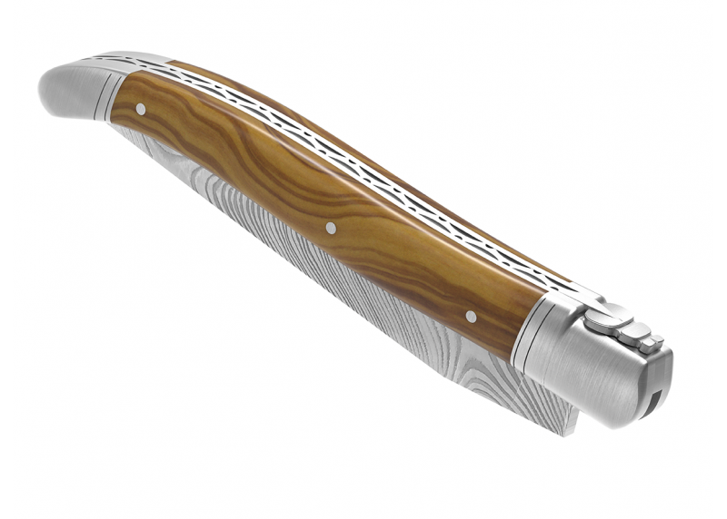 Couteau Laguiole collection damas avec un manche en bois d'olivier et 2 mitres en acier inoxydable