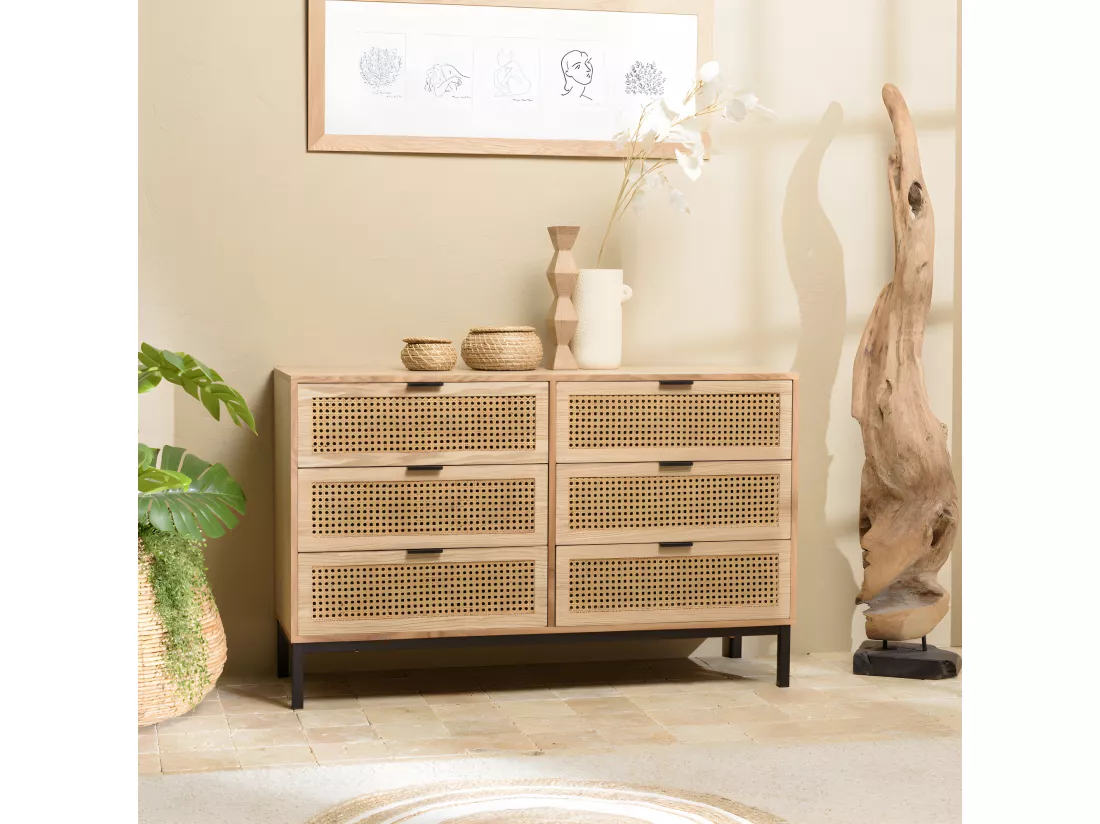 MARCEAU - Commode 6 tiroirs cannage naturel pieds métal noir