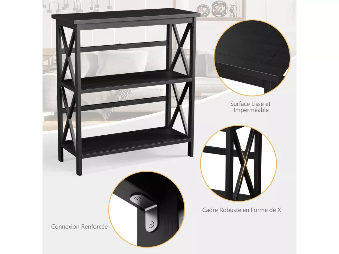 Bibliothèque étagère de rangement,en bois à 3 niveaux, dispositif anti-basculement (noir)