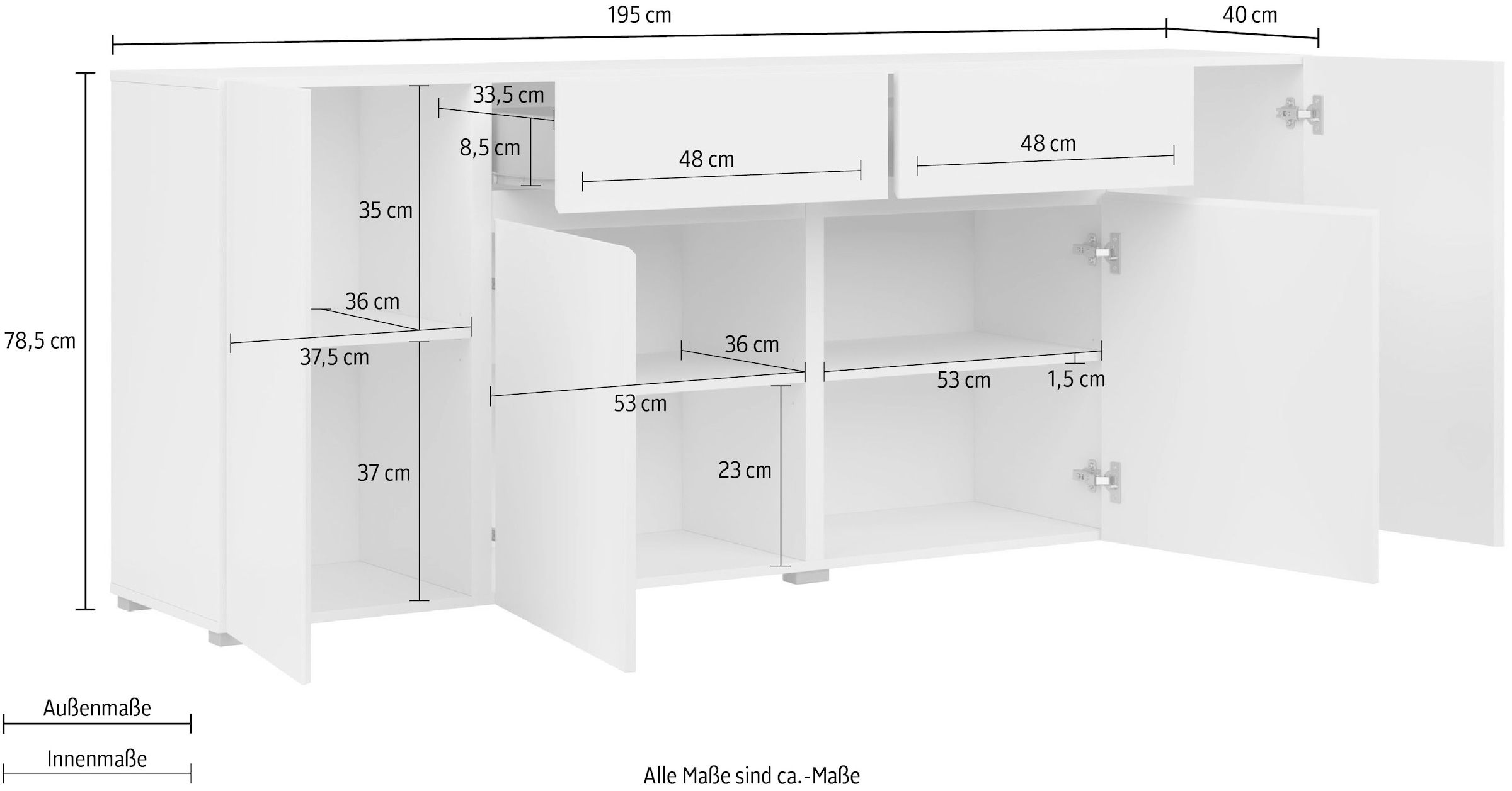 INOSIGN Sideboard »Metric,Breite 195 cm, grifflose Kommode 4 Türen/2 Schubkästen« Schubladenschrank mit viel Stauraum, Einlegeböden verstellbar