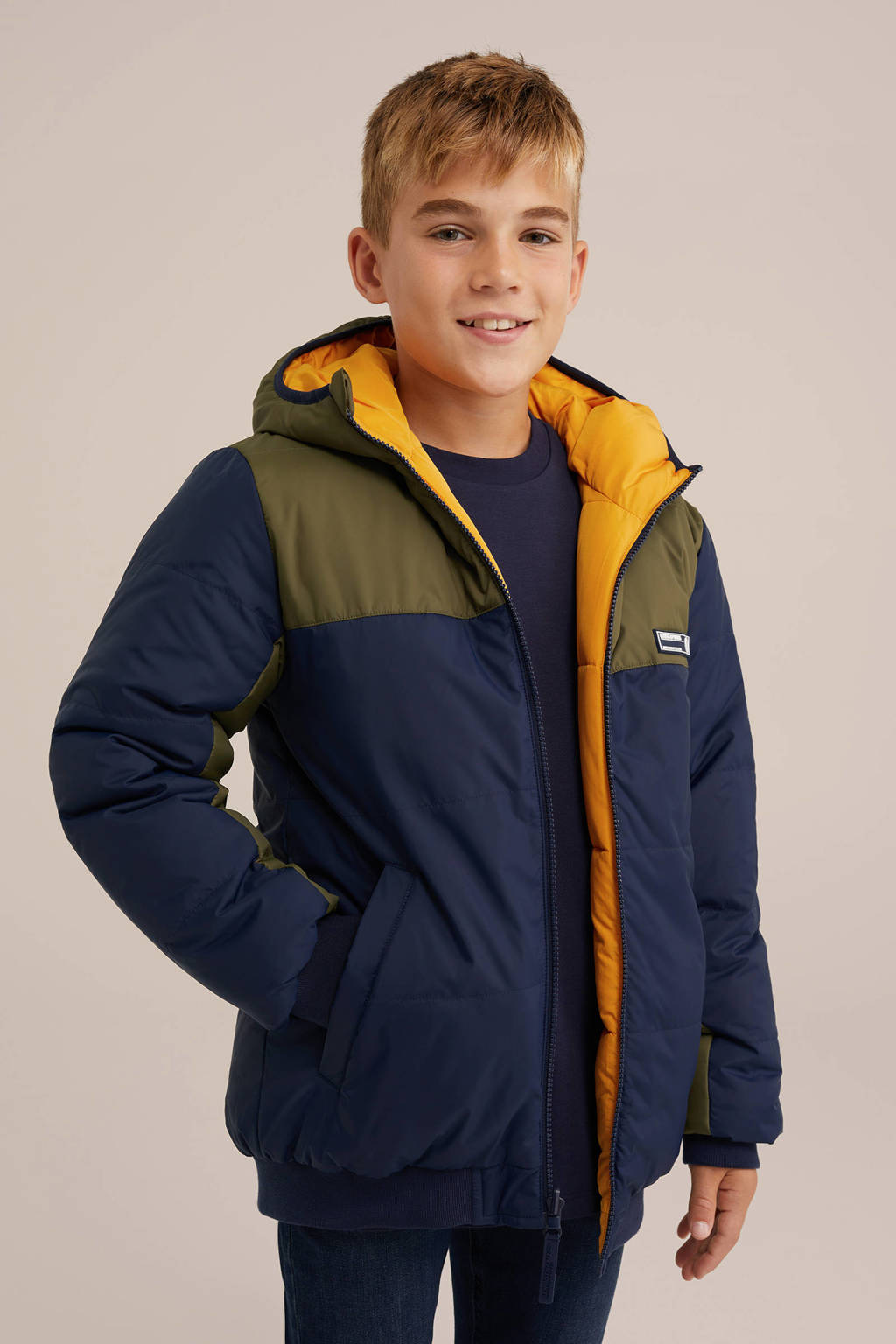 WE Fashion reversible gewatteerde winterjas geel/donkerblauw/olijfgroen