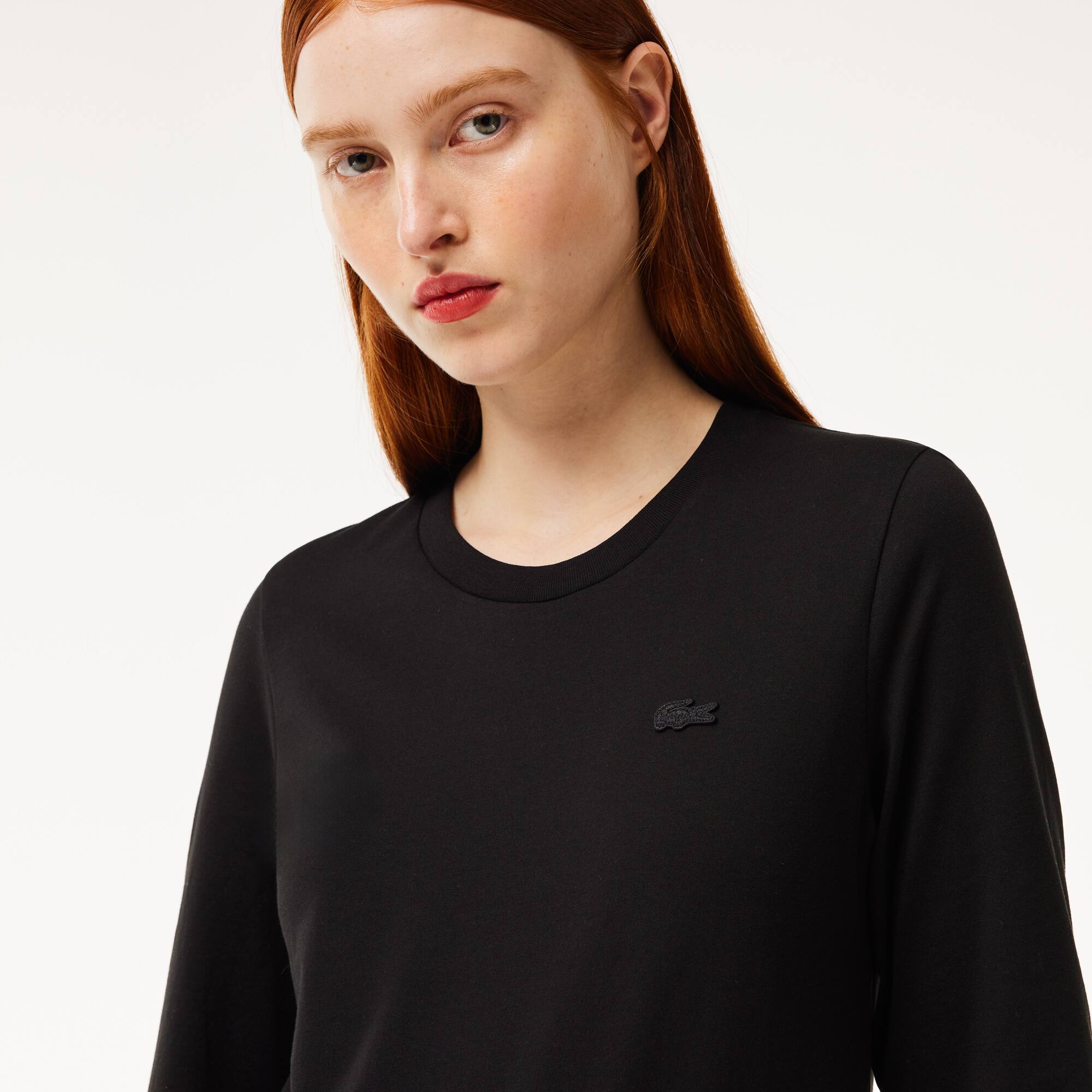 T-shirt à col rond et manches trois-quarts en coton uni T-Shirts - Noir - Lacoste - Femme