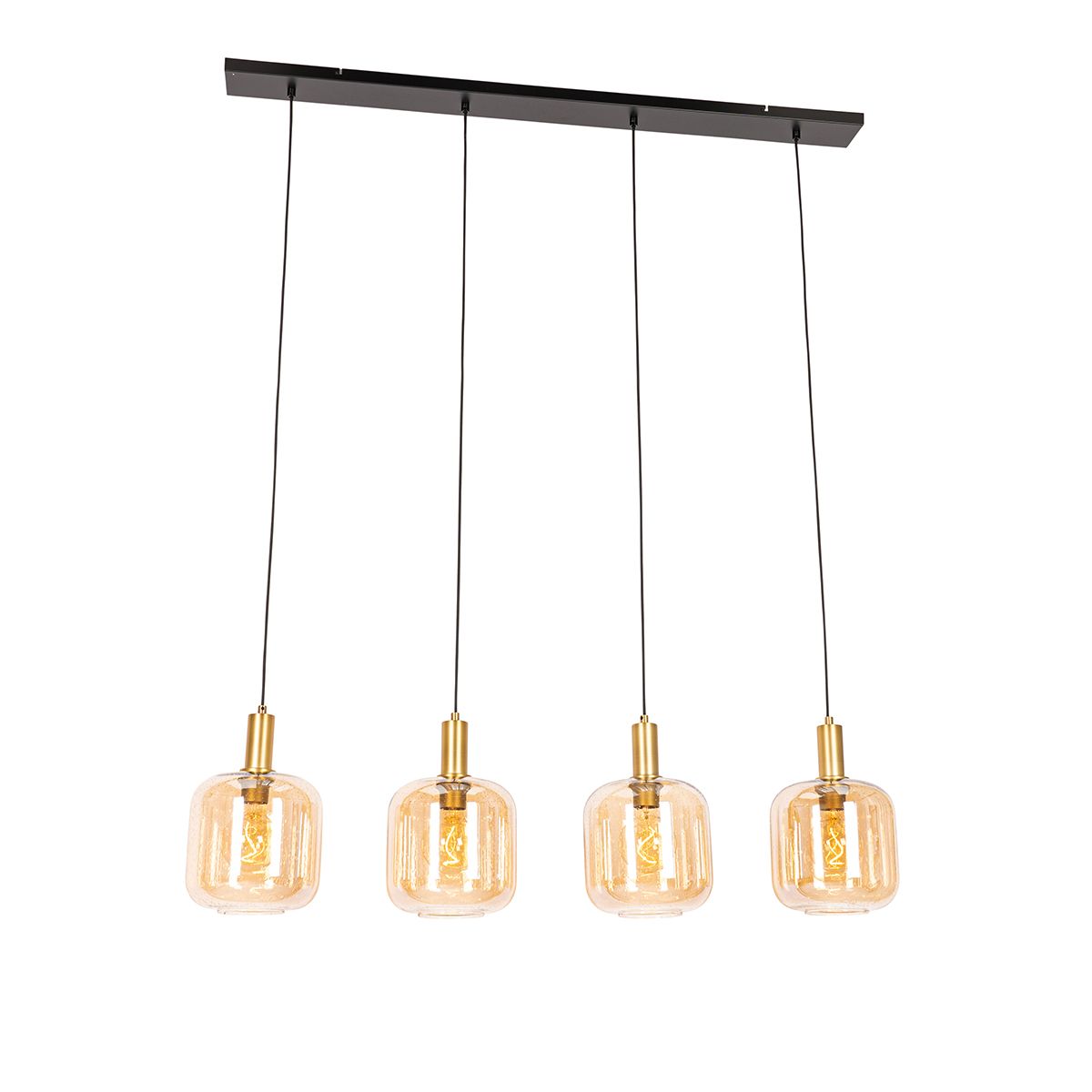 Smart hanglamp zwart met messing en amber glas 4-lichts incl. 4 Wifi G95 - Zuzanna
