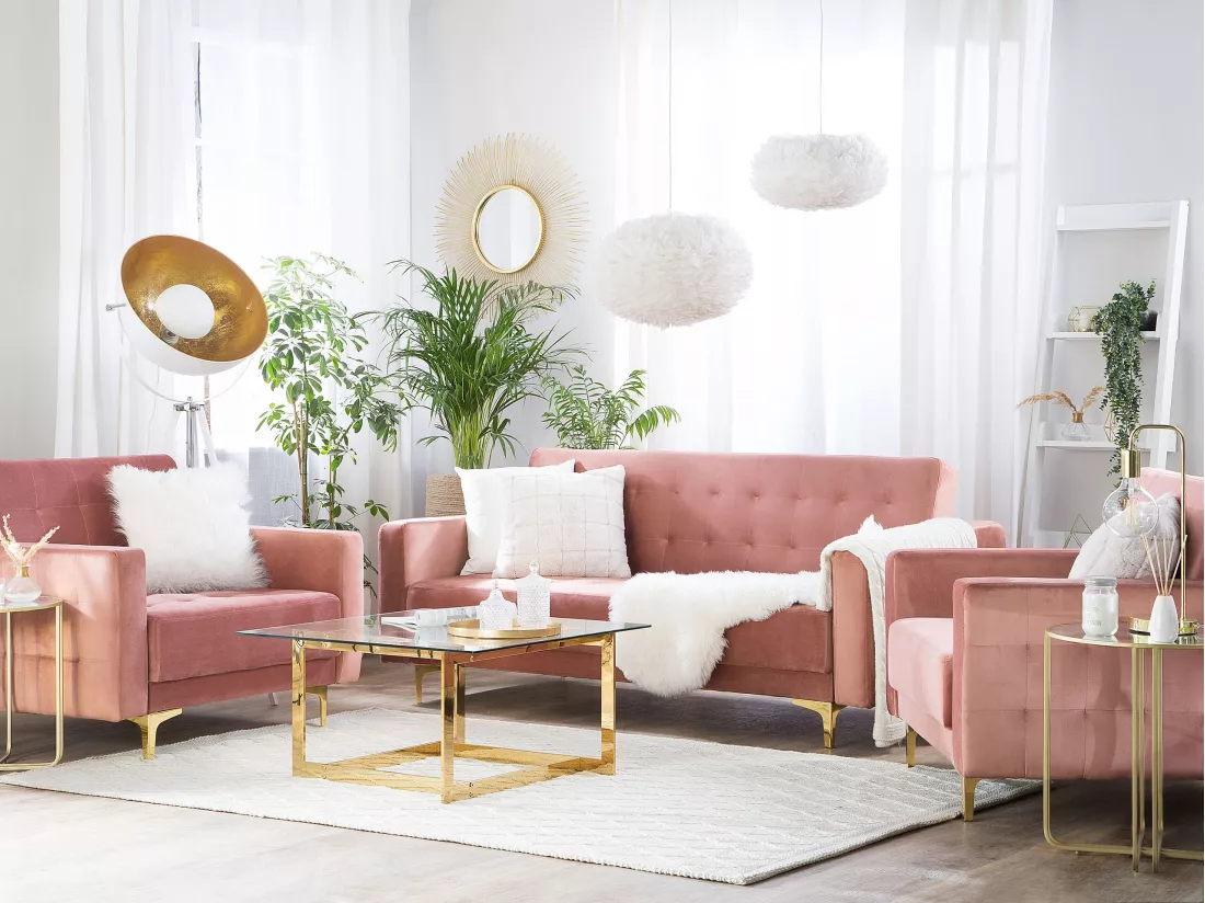 Ensemble canapé et fauteuils en velours rose 5 places ABERDEEN