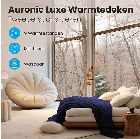 Auronic Elektrische Deken - Warmtedeken - 9 Warmtestanden - 2 Persoons - 200x150 - Verwarmingsdeken - Blauw