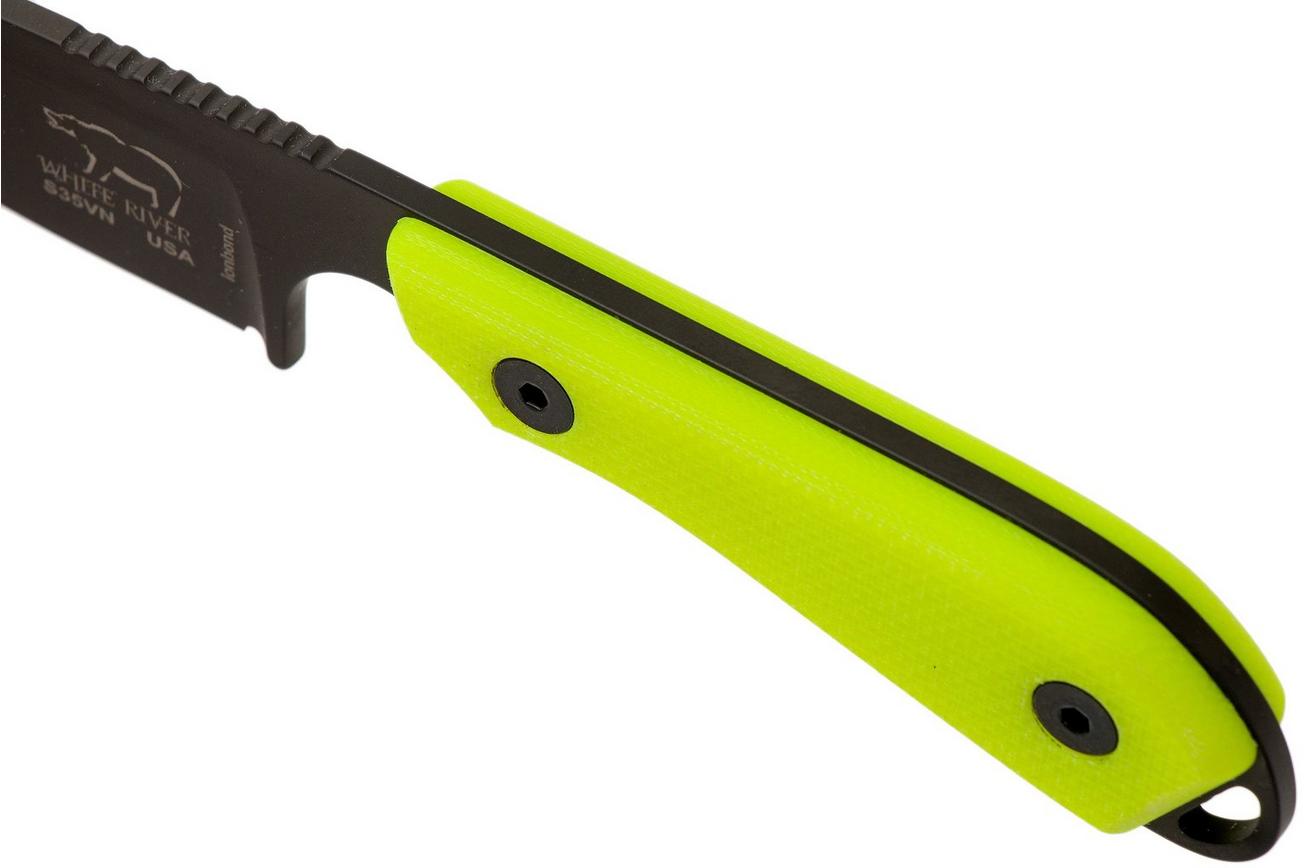 White River Knives M1 Backpacker Pro Yellow G10, Black Ionbond vaststaand mes, Kydex schede