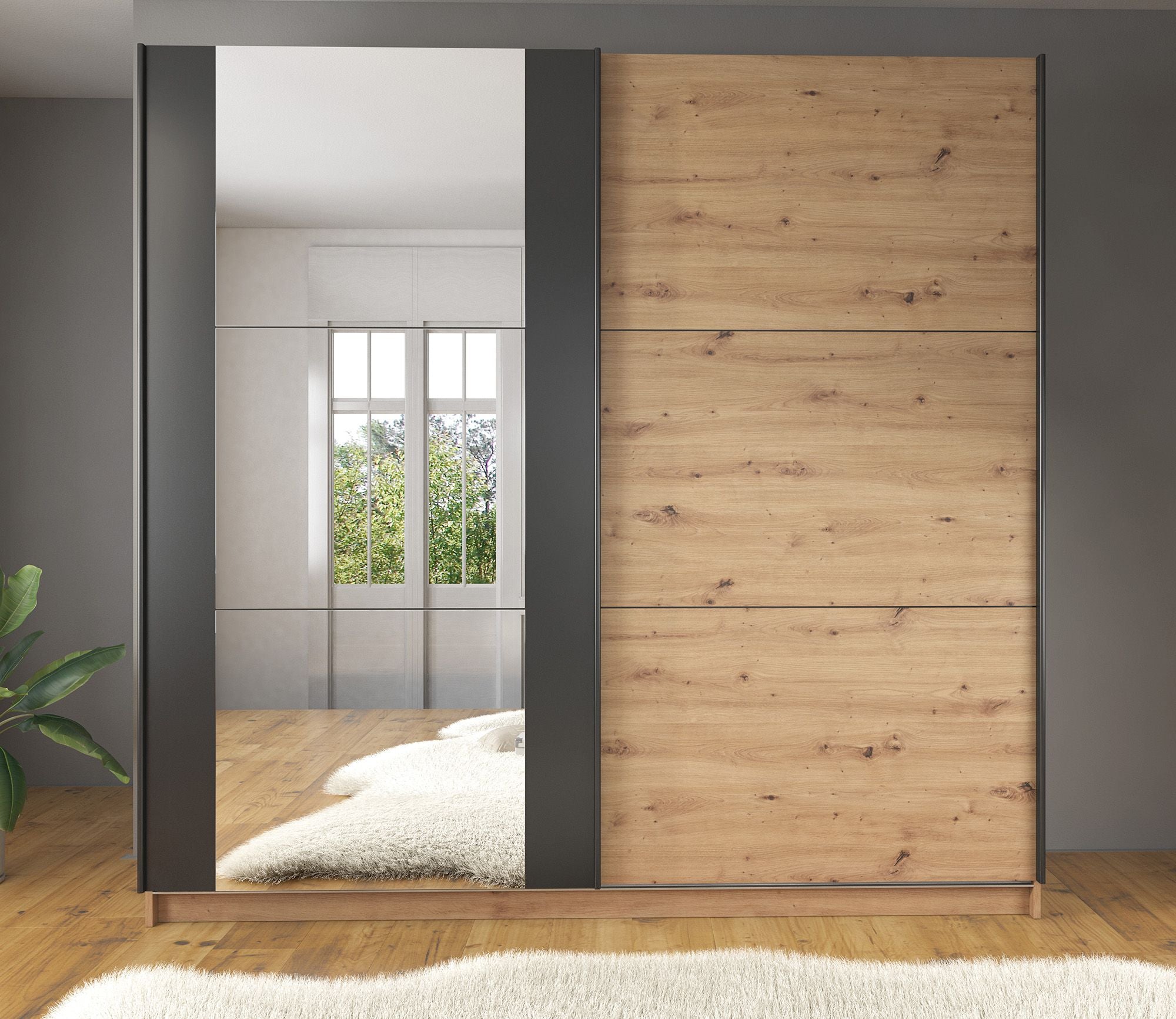 Saturn - Kledingkast met schuifdeuren - Eiken/zwart - 217x62,5x210 cm