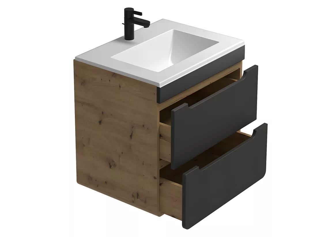 Meuble de salle de bain suspendu avec vasque à encastrer - Coloris naturel et anthracite - 60 cm - ARUBA