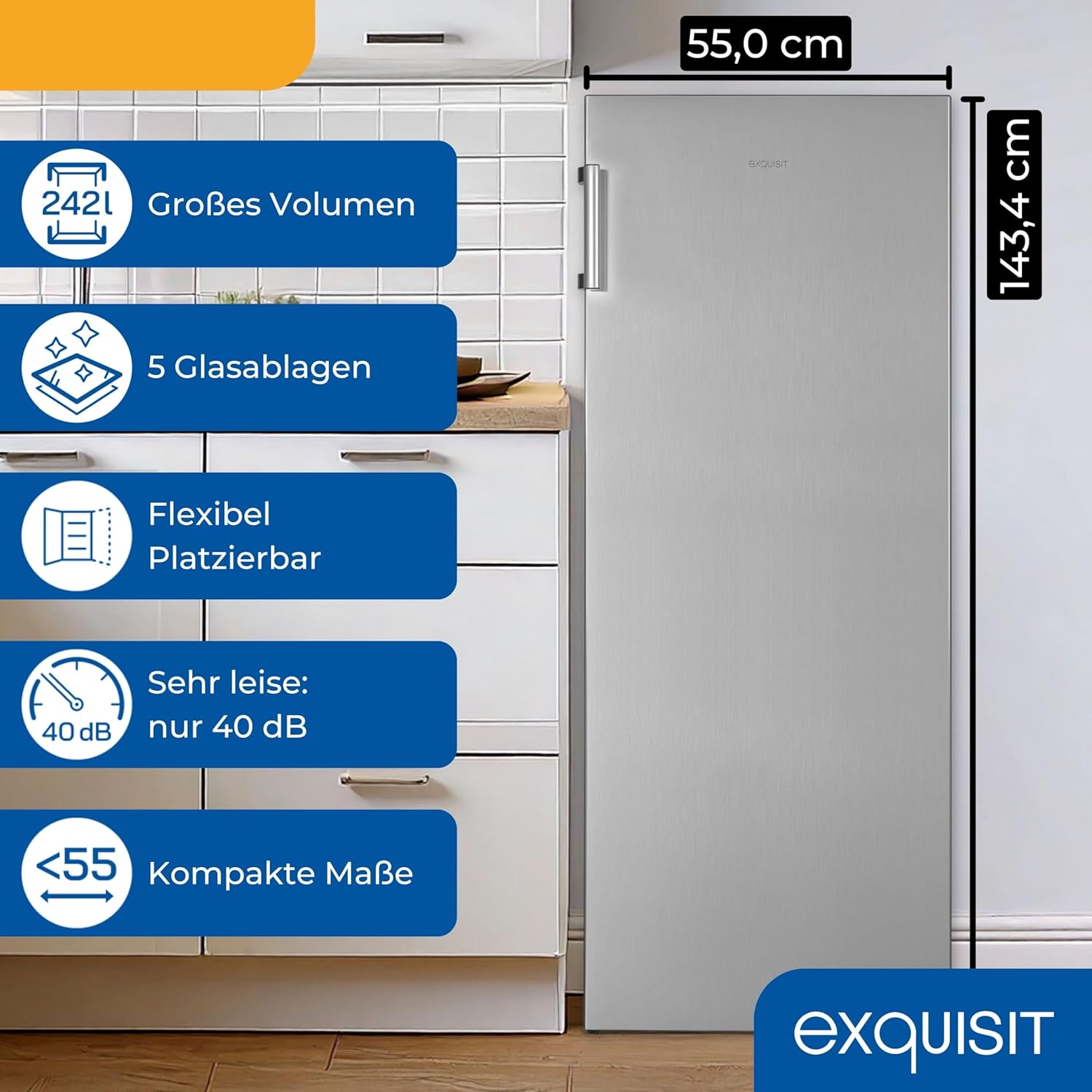Exquisit Kühlschrank ohne Gefrierfach, Großer Kühlschrank silber, 5 Ablagen, 242 Liter, Vollraumkühlschrank 143 cm hoch, KS5320-V-H-010E inoxlook