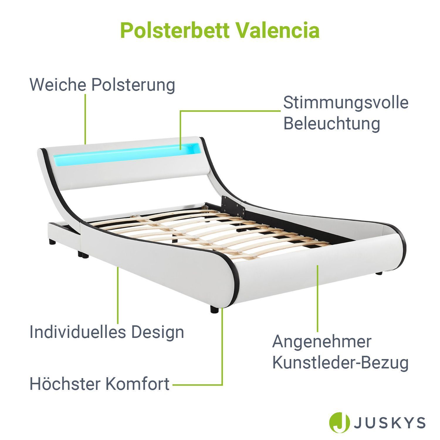 Juskys Polsterbett Bett Valencia 180 x 200 cm weiß mit Kaltschaummatratze Doppelbett mit LED