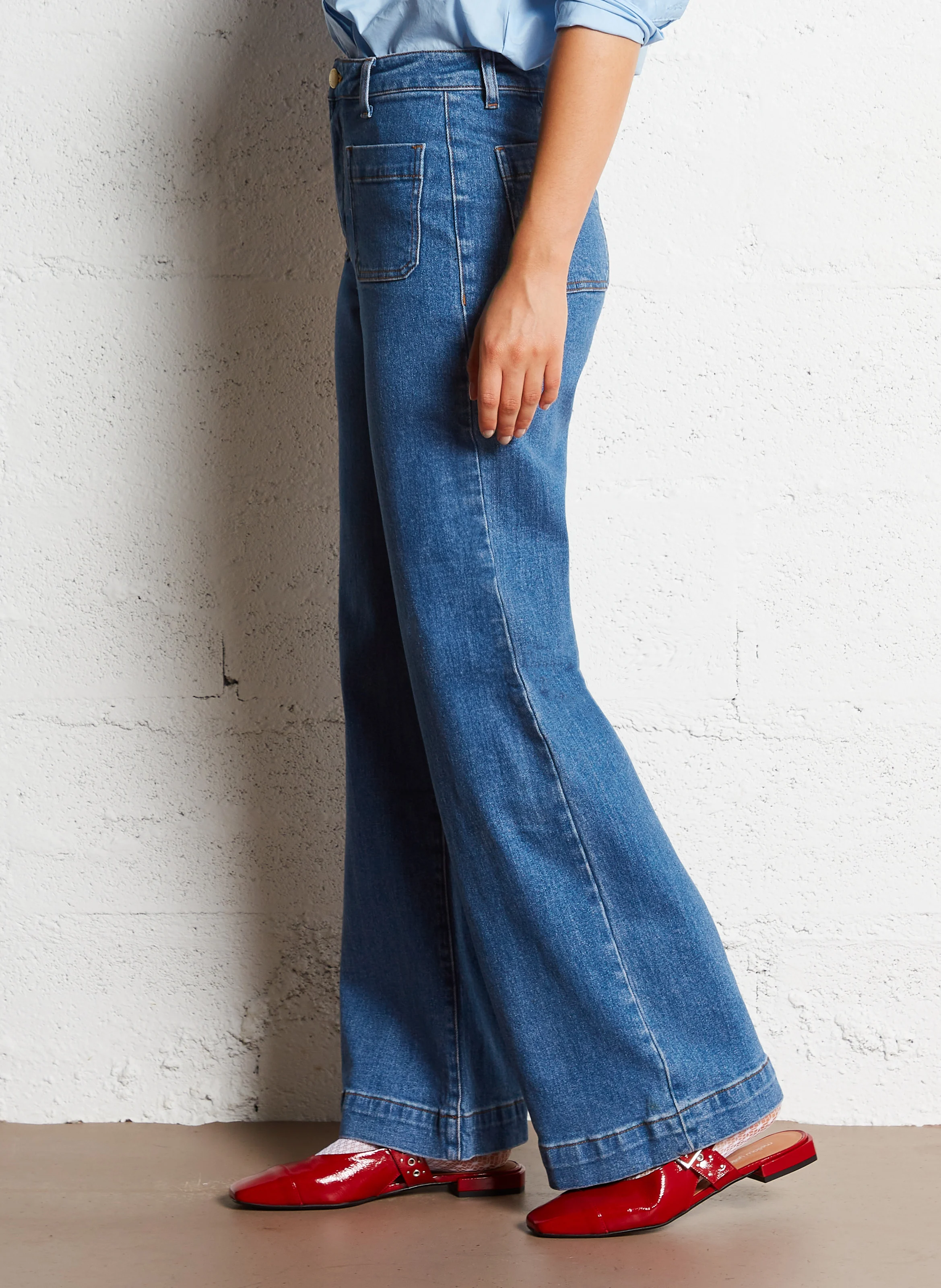 ATLANTY - Jean flare taille haute en coton mélangé | Bleu