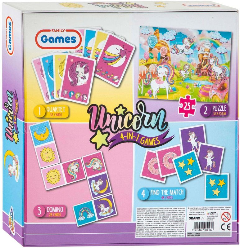 Grafix - 4-in-1 Spel - Kwartet, Domino, Memory, Puzzel - Eenhoorn Illustraties