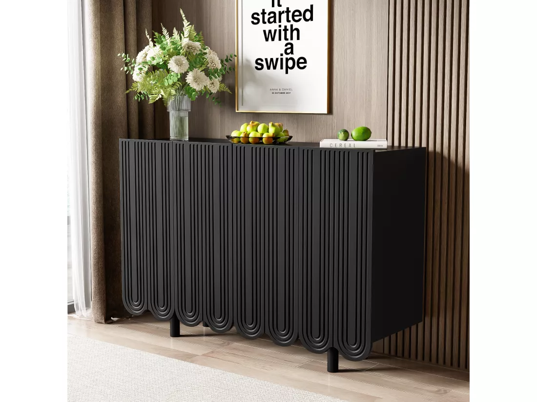 Buffet avec 4 portes profilées - 120 x 37.5 x 80.8 cm - Panneaux de particules - Forme de larme - Noir