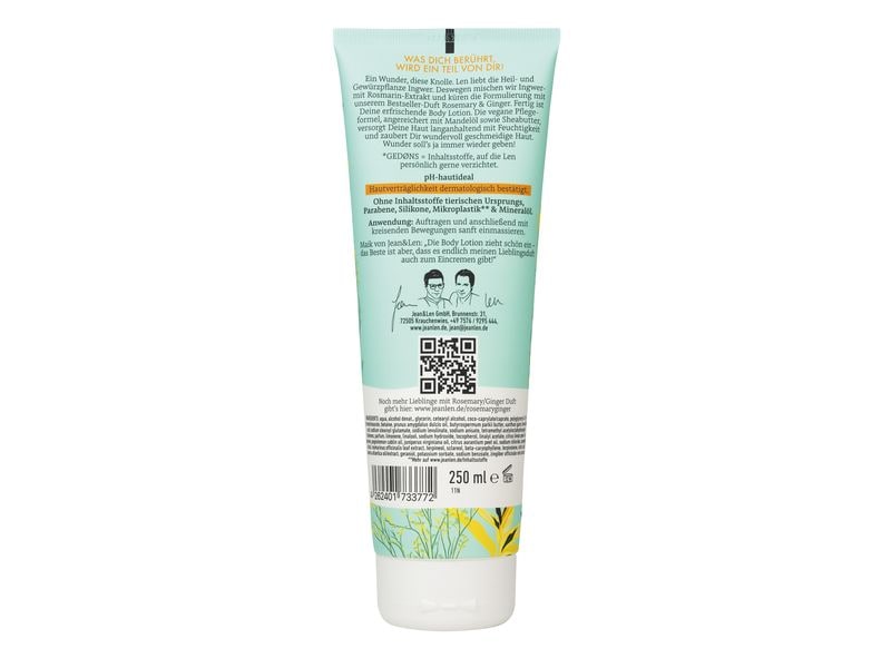 Jean & Len Body Lotion Rosemary and Ginger 250 ml Vegane Körperlotion für alle Hauttypen