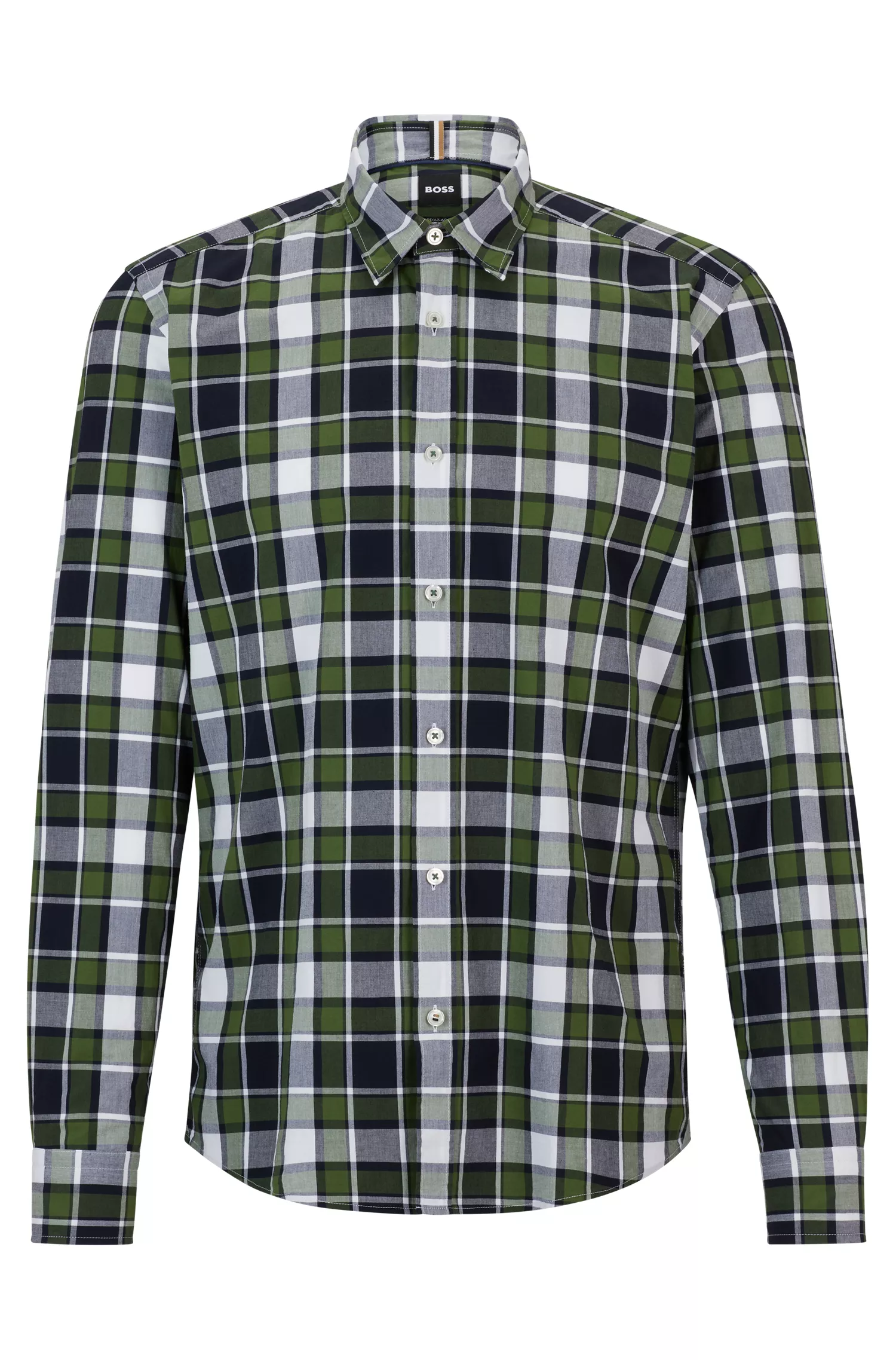 Camisa BOSS preta de corte regular em algodão elástico xadrez.
