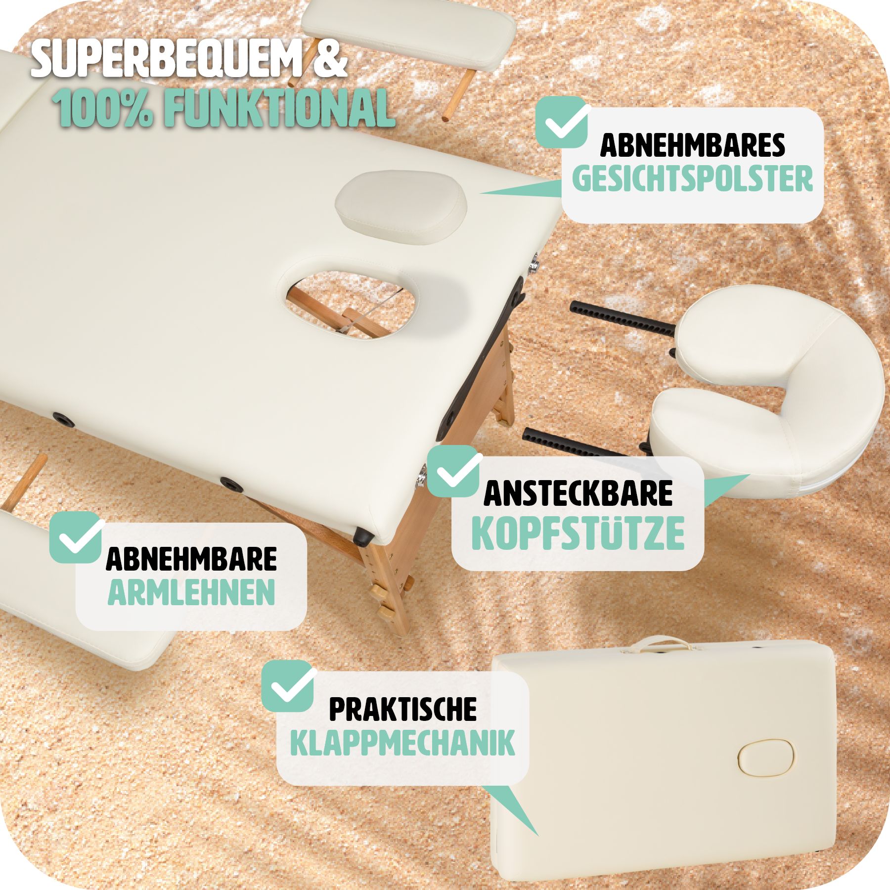 tectake® 2 Zonen Massageliege, mit Holzgestell, verstellbare Ablagen für Kopf und Arme, 210 x 95 x 62 - 84 cm