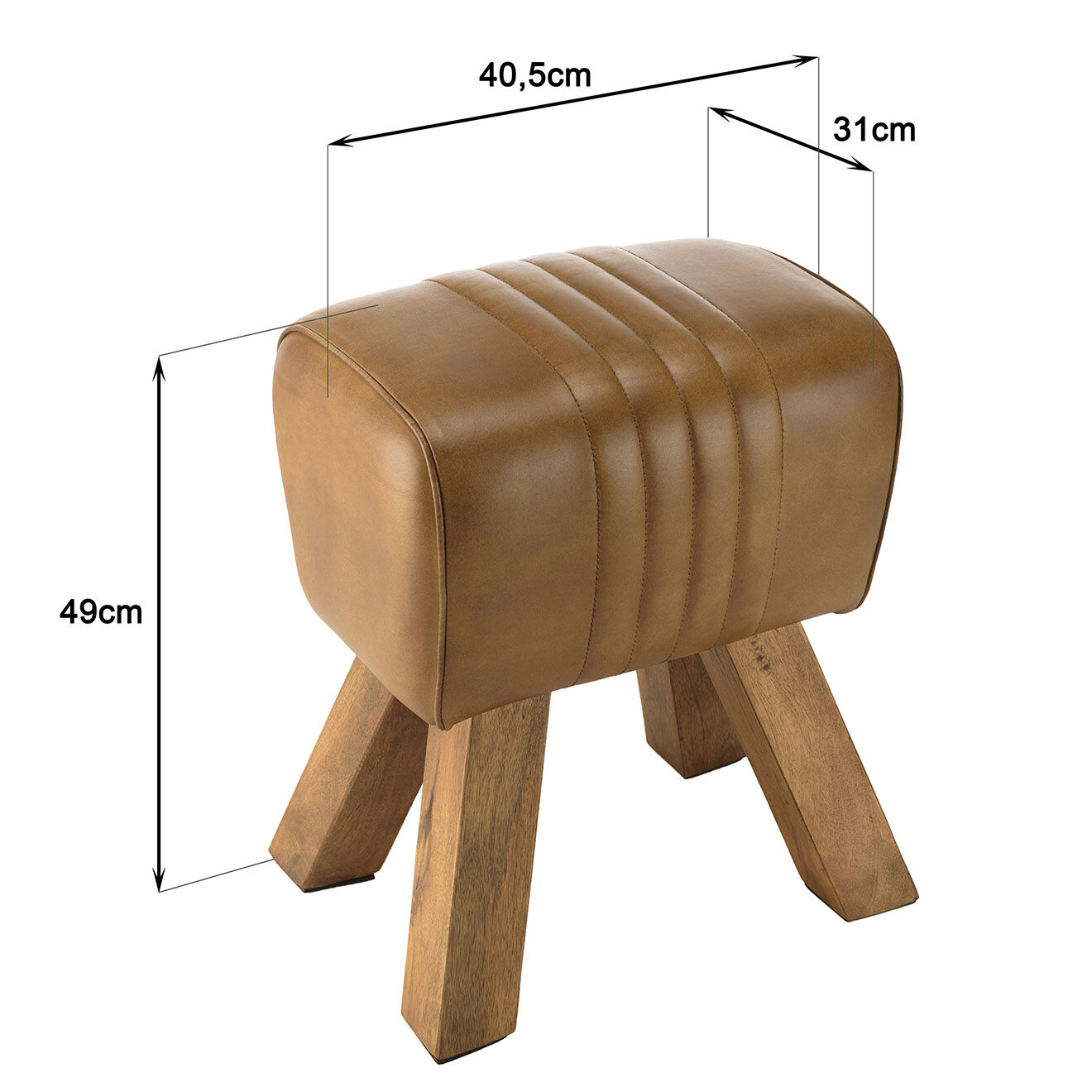 Macabane Tabouret matelassé en Cuir pieds inclinés en Manguier marron - 41x31x49 cm