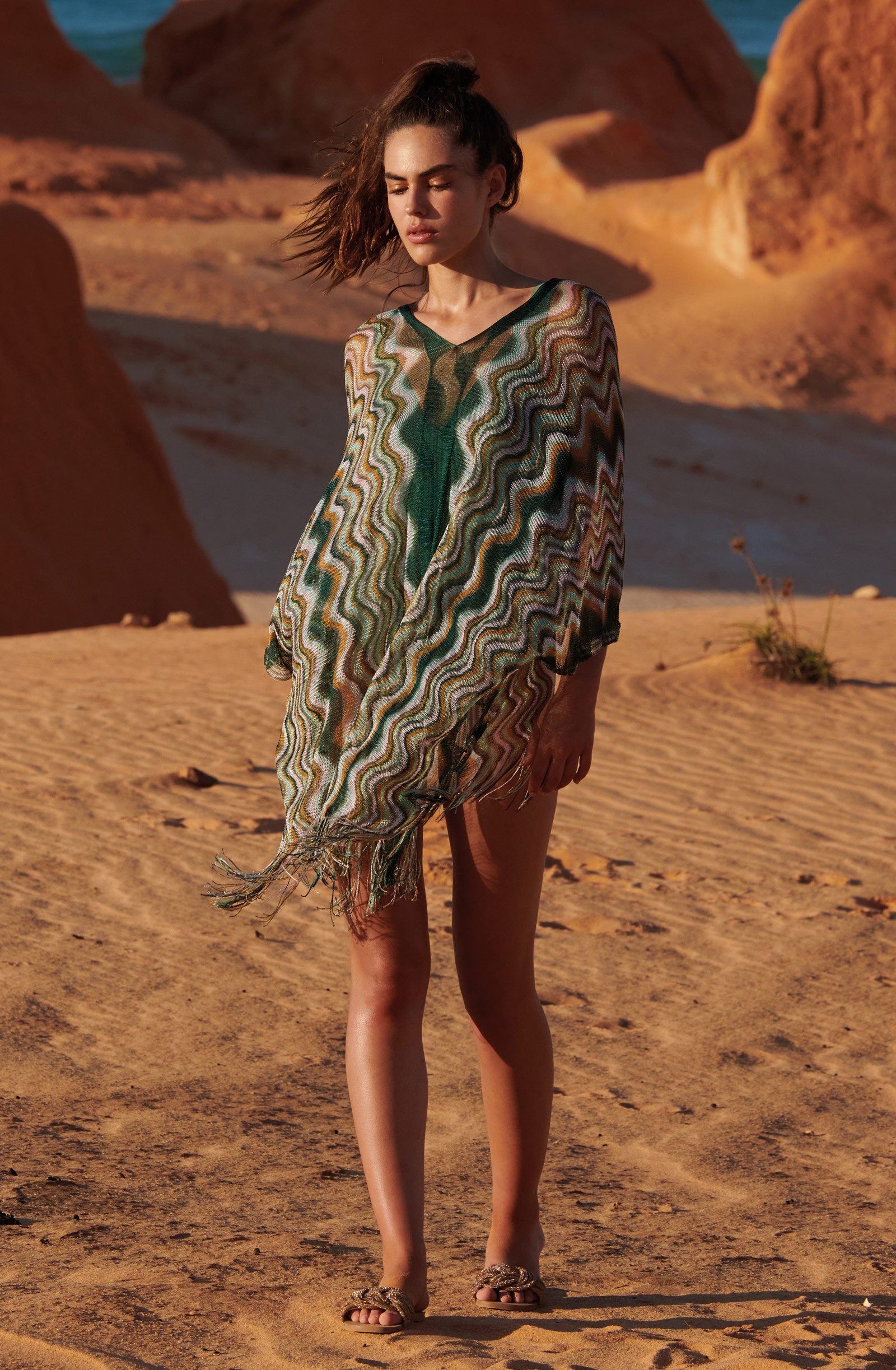 bay Poncho semi-transparent imprimé ZIG-ZAG Bambou