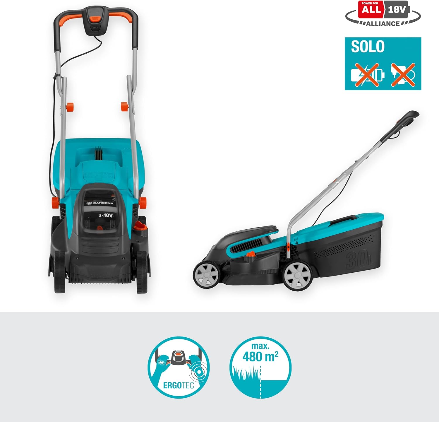 Gardena Akku-Rasenmäher PowerMax 32/36V P4A ohne Akku: Rasenmäher bis 200 m², 32 cm Schnittbreite, 30 l Fassungsvolumen, Schnitthöhe 20-60 mm, Cut and Collect System (14621-55)