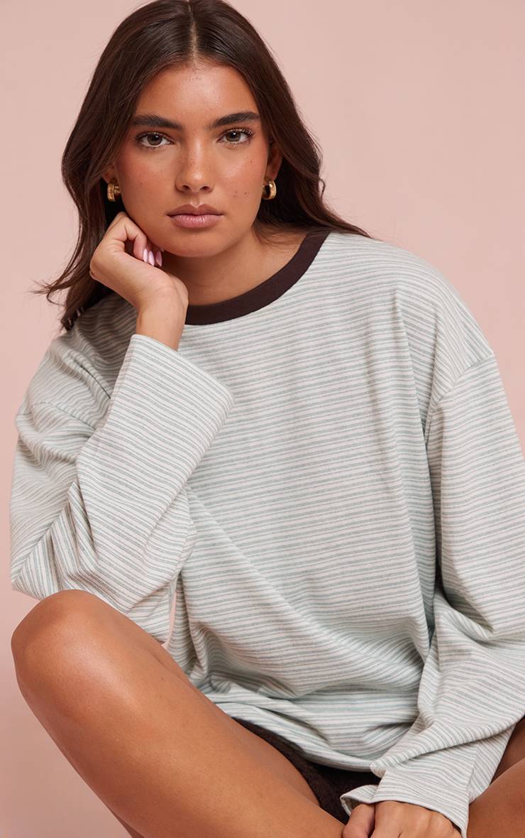 Vert Sauge T-shirt Boxy À Manches Longues En Coton À Rayures