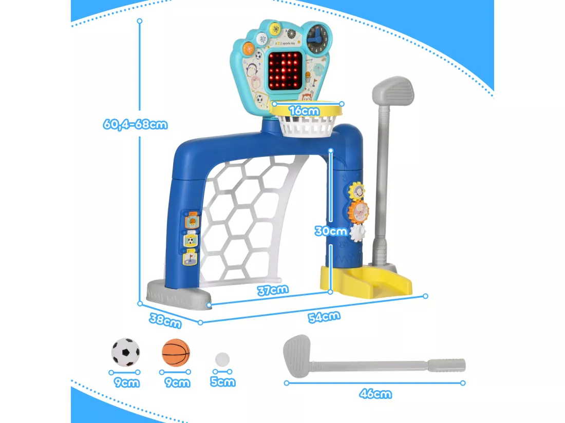 Jeux sportifs 3 en 1 enfant 18-48 mois - foot, basket, golf - effets lumineux sonores bleu
