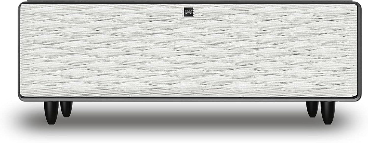CASO Sound & Cool White, Soundbar und Lounge-Tisch mit Lademöglichkeiten, Bluetooth, USB, klangvoller Sound, LED-Beleuchtung, Zwei Kühlfächer (insg. 135 l), individuell einstellbarer Temperatur