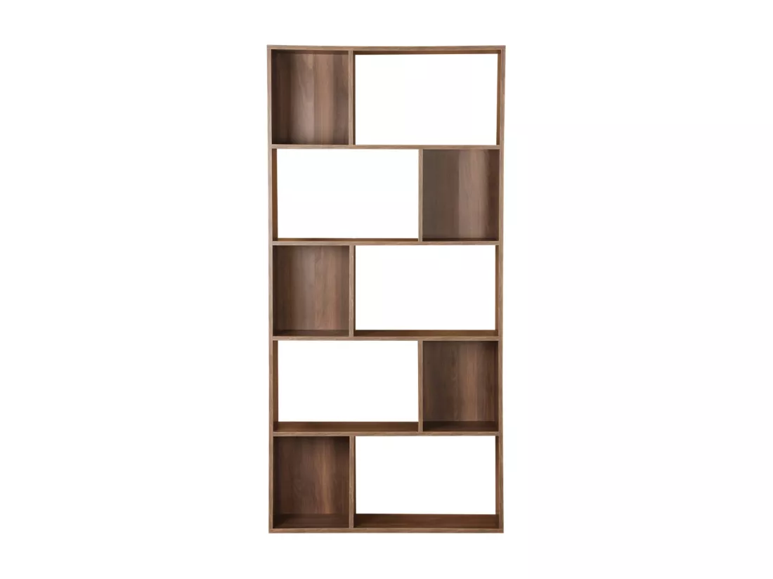 Bibliothèque design asymétrique couleur bois foncé noyer– Pieter – 5 étagères. 10 compartiments de rangement. 83x23x173cm