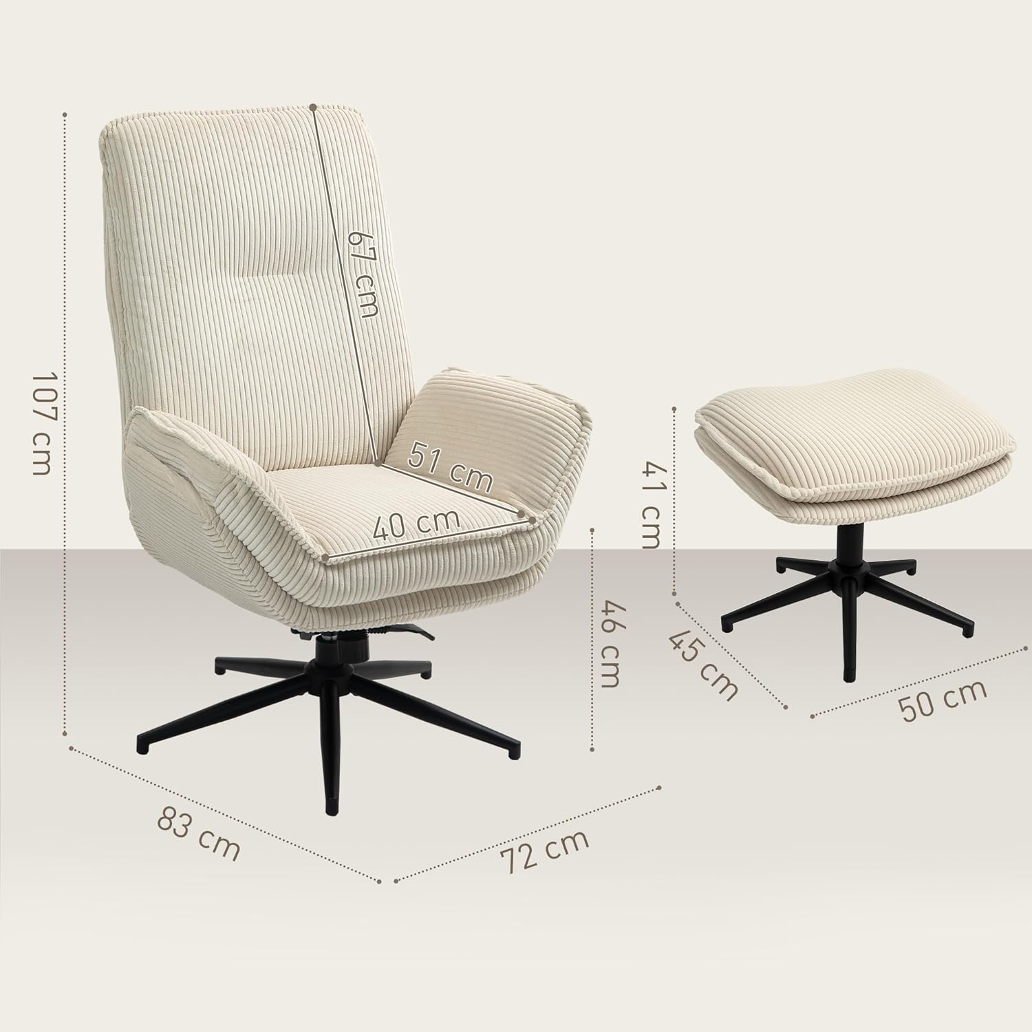 HOMCOM Relaxsessel mit Hocker 360°Drehbarer Fernsehsessel mit Liegefunktion TV-Sessel mit Cord-Optik, Ruhesessel für Wohnzimmer, Schlafzimmer, Beige