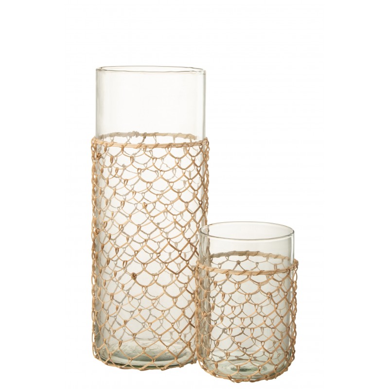 Vase avec filet rotin en verre transparent 18x18x43 cm