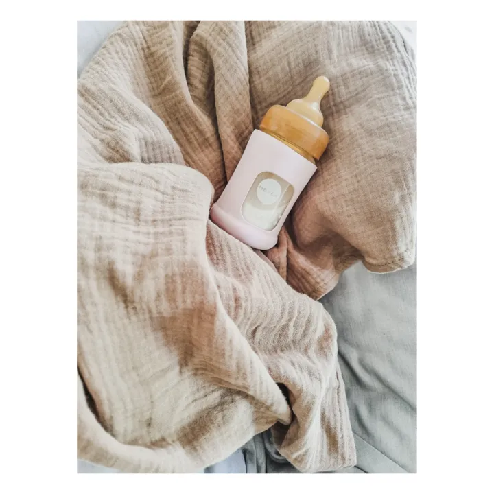 Hevea Biberon en verre à col large avec housse de protection Débit lent | Rose poudré
