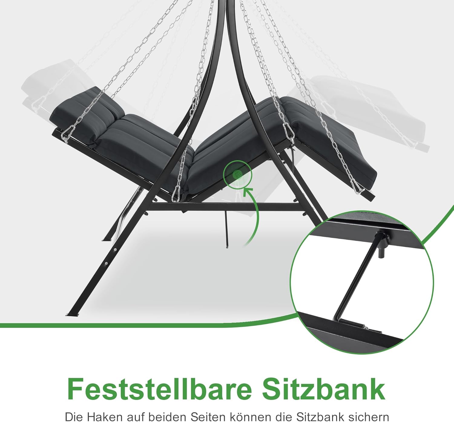 M MCombo Hollywoodschaukel mit Liegefunktion, Gartenschaukel 3 Sitzer Wetterfest, Outdoor Schaukelbank mit Metallketten, Verstellbarem Dach, 123 * 194 * 169 cm, 8018 (Dunkgelgrau)