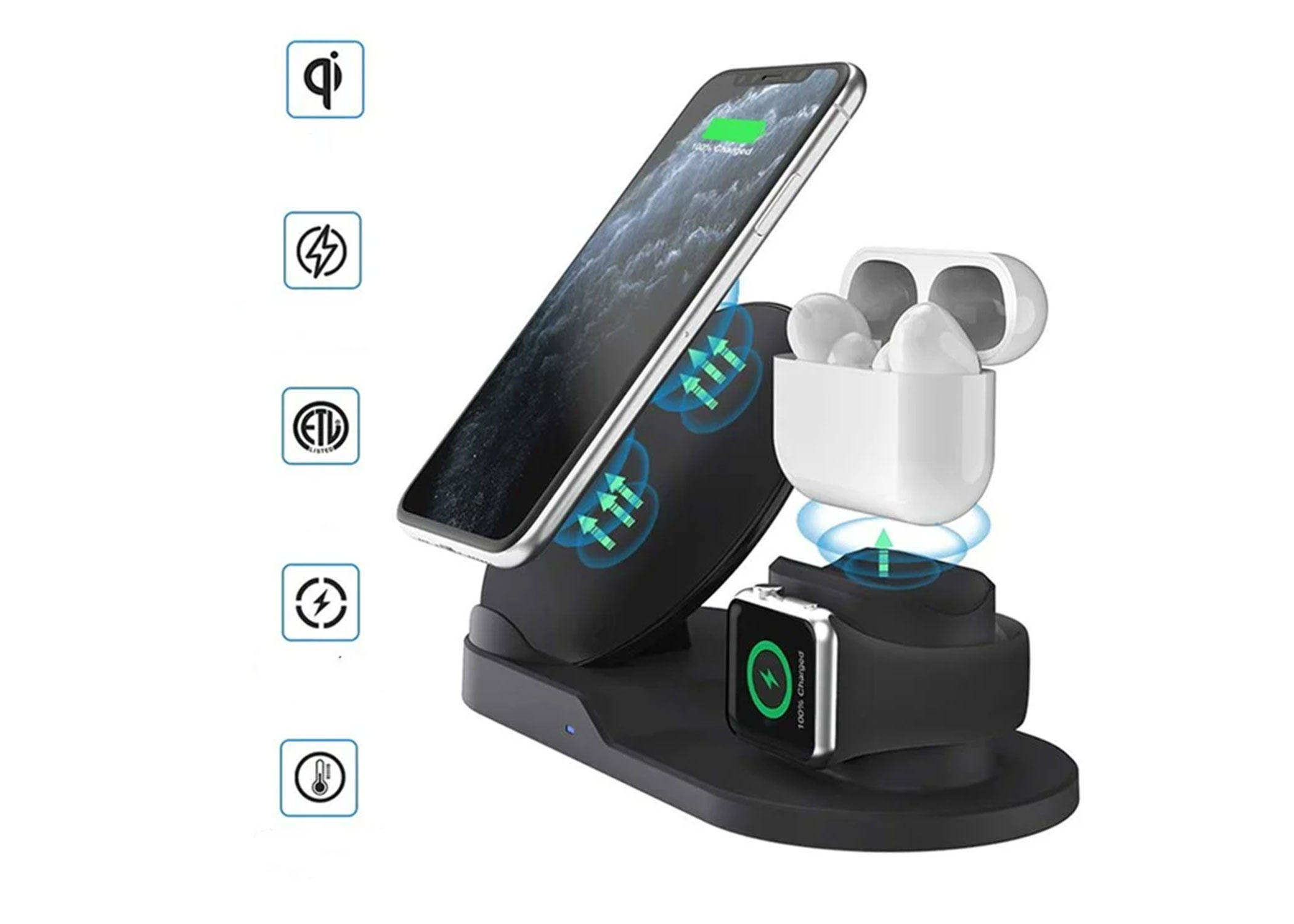 (10W) Smarte 3-in-1 iPhone / Apple Watch und AirPods Ladestation mit unsichtbarer 1080p Überwachungskamera   Micro SD Kartenslot - Schwarz