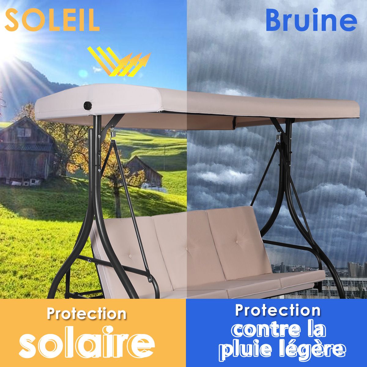 Balancelle d'Extérieur Convertible Jardin Porche Avec Sièges à Coussins Auvent Réglable et Cadre en Métal Enduit Hamac 3 Places Beige - Lidl-Manfred