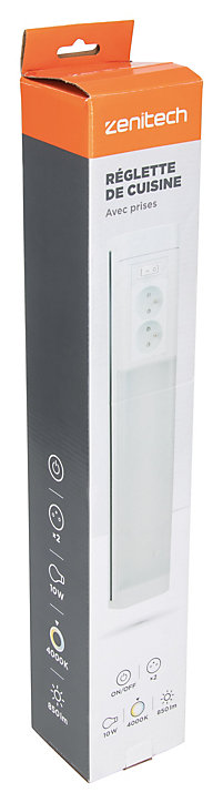 Réglette sous meuble avec prises LED intégrée blanc neutre IP20 850lm 3680W L.8xl.8,5xH.50cm Zenitech