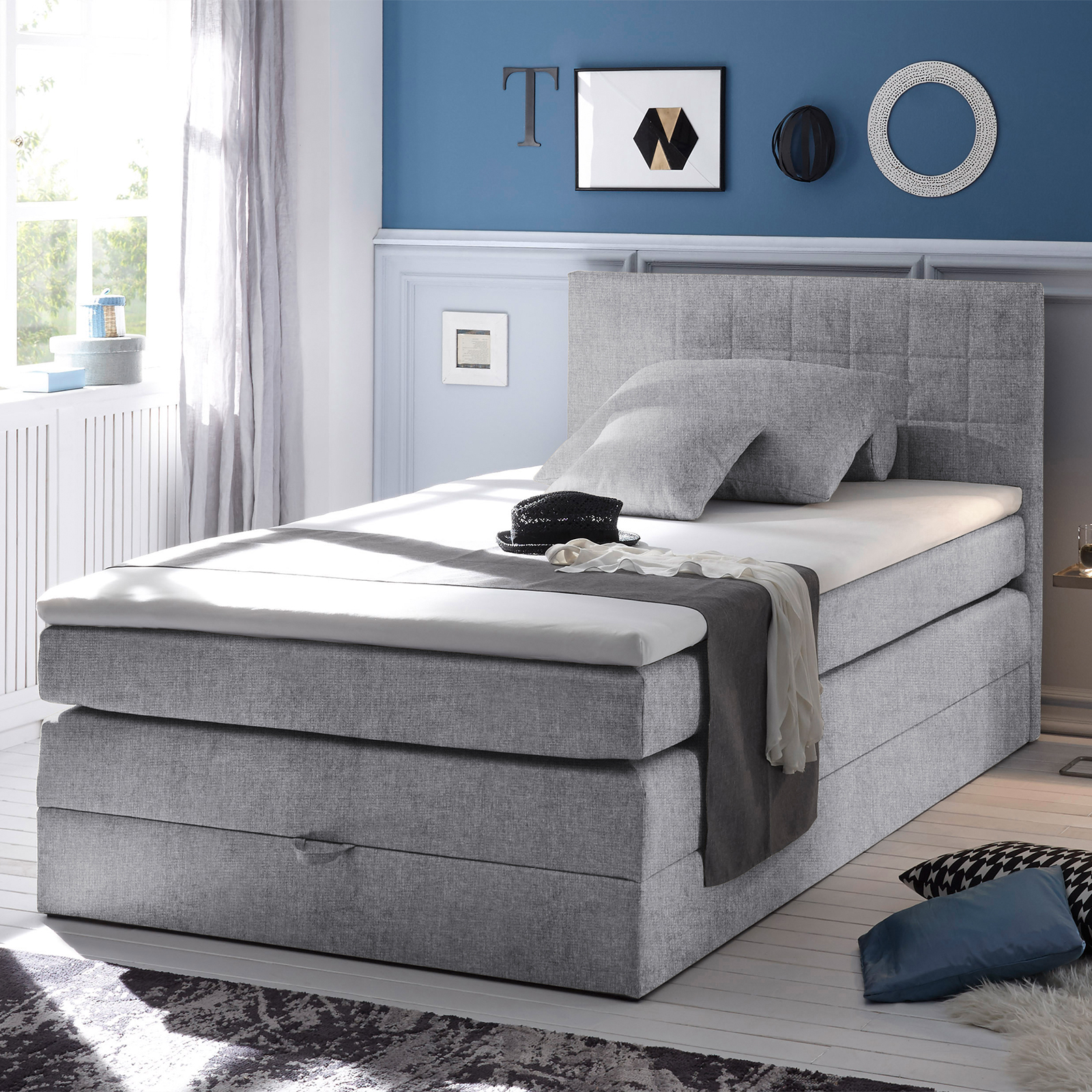 Boxspringbett - hellgrau - H2 - Webstoff - 140x200 cm
