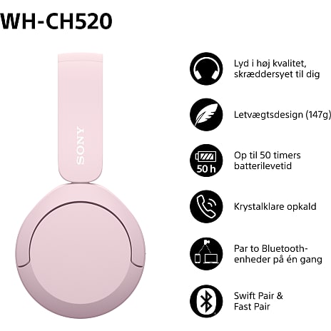 Sony WH-CH520 trådløse over-ear høretelefoner - lyserød
